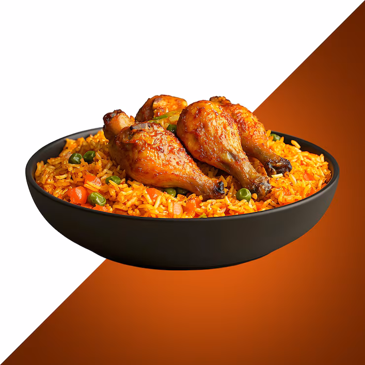 A freshly prepared plate of Ghanaian Jollof rice